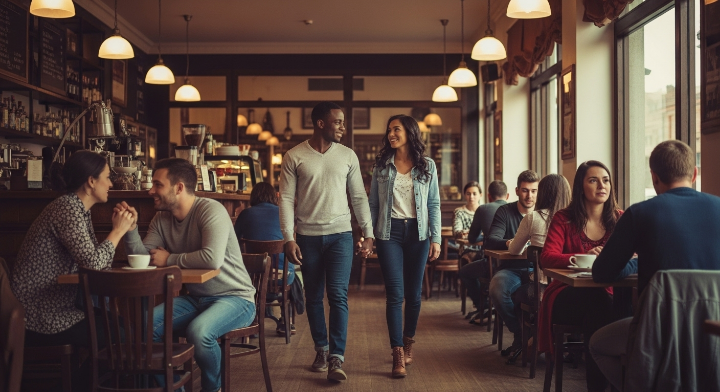 남녀 한쌍이 손을 마주잡고 카페안으로 들어가고 있는 모습입니다. 너무나 다정스럽고 사랑스럽게 보입니다.