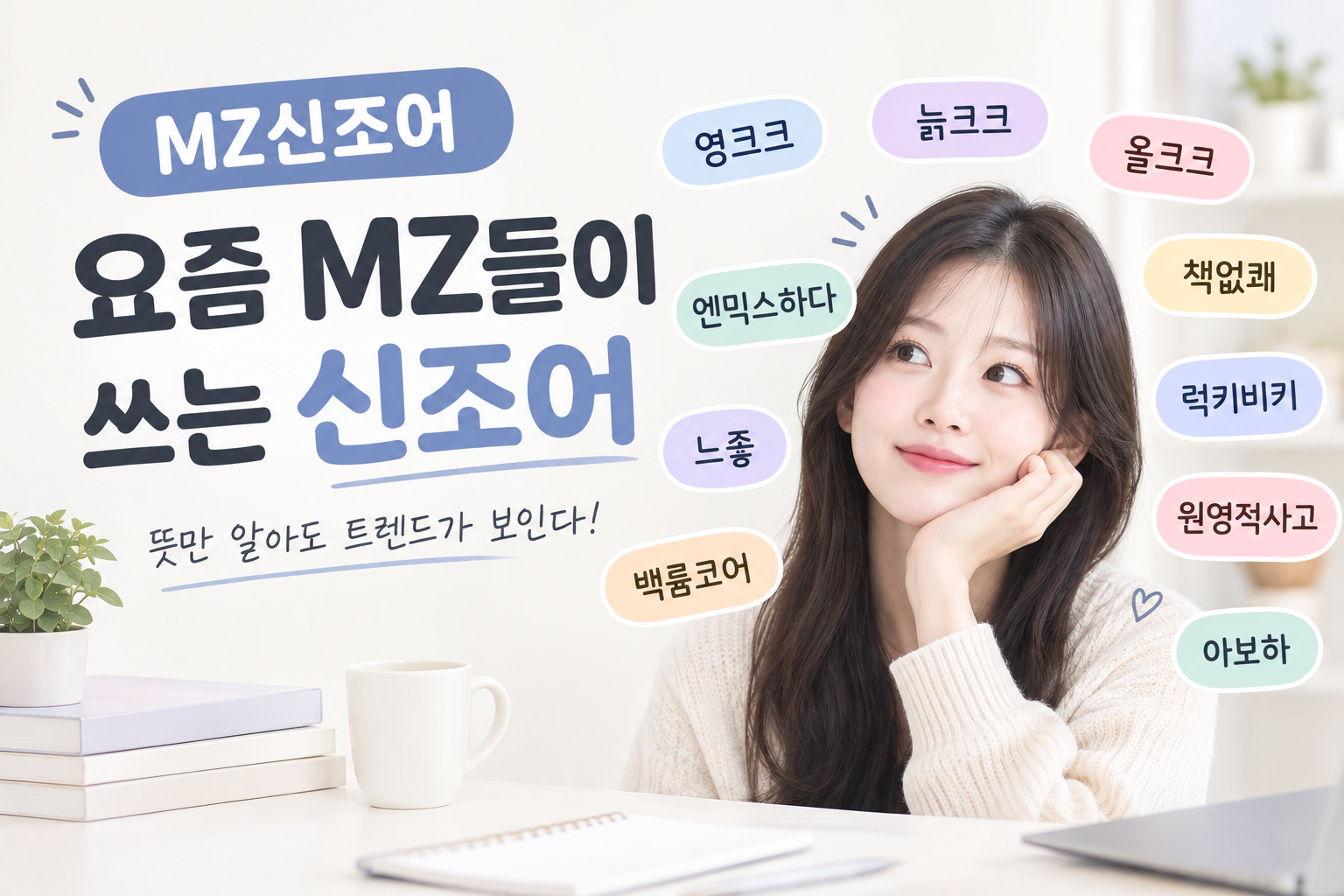 MZ신조어 영크크 늙크크 올크크 엔믹스하다 책없쾌 럭키비키 원영적사고 아보하 느좋 백룸코어 뜻