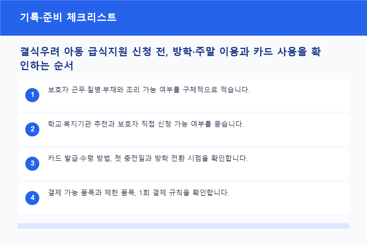 결식우려 아동 급식지원 신청 전, 방학&middot;주말 이용과 카드 사용을 확인하는 순서 기록&middot;준비 체크리스트 정보 이미지