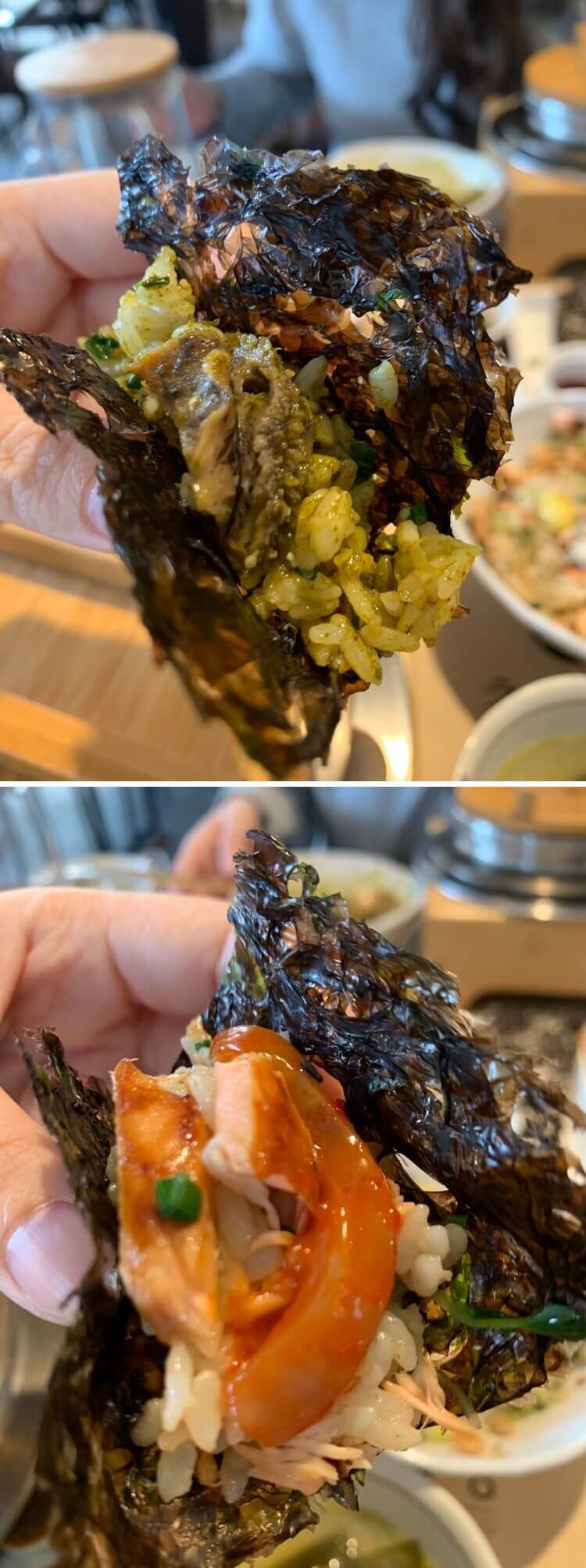 전복장 섞고 곱장김과 젓갈에 먹는 모습