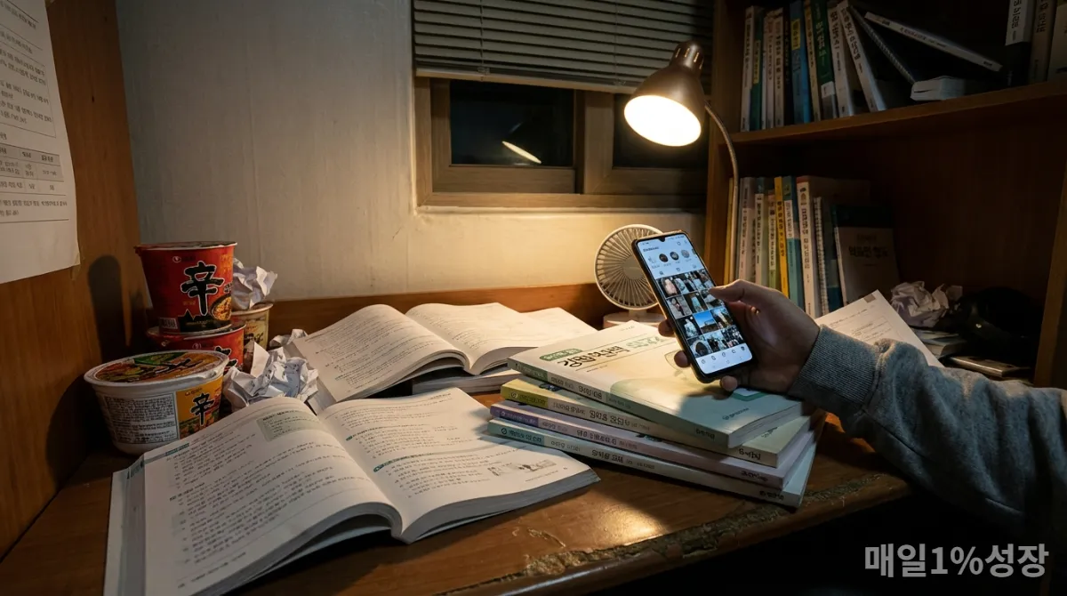 산만한 책상에서 스마트폰을 보며 미루는 습관을 보이는 한국인