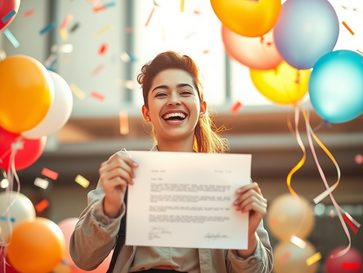 논술로 대학에 합격하여 합격증 들고 좋아하는 학생