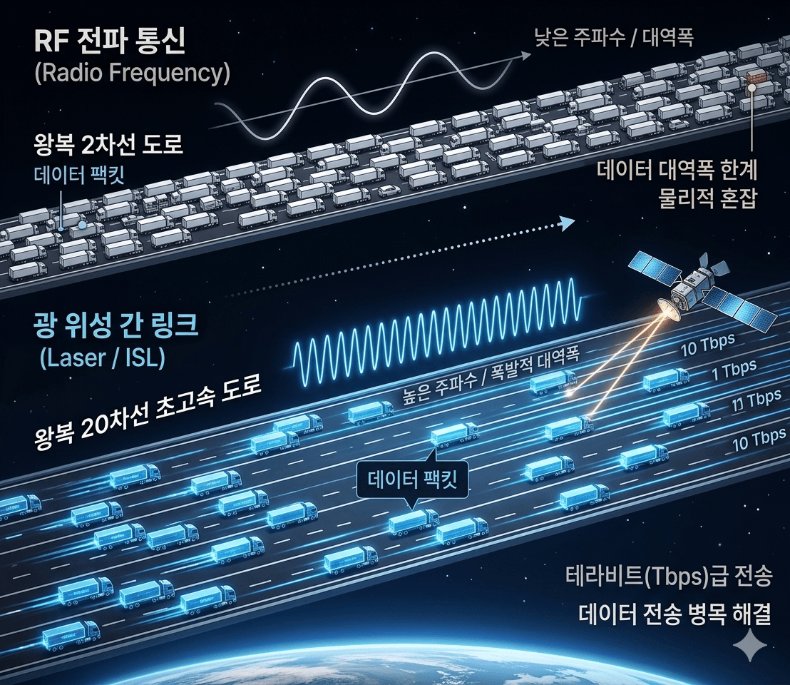 전파와 레이저의 주파수 대역 차이를 시각화하여 데이터 전송 용량의 차이를 설명