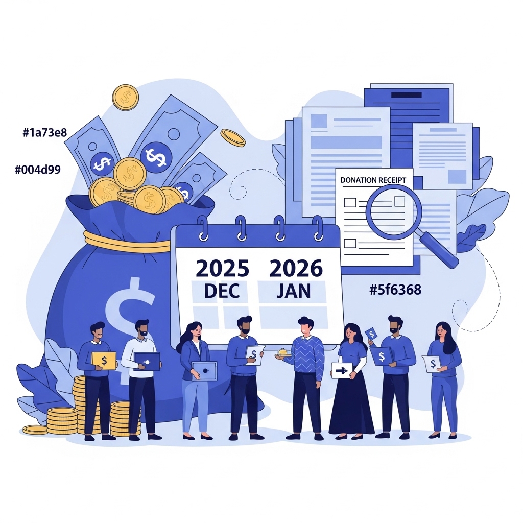 2025년 연말정산 기부금 공제를 통해 최대 환급을 받는 모습을 상징하는 일러스트. 사람들이 기부하고 세금 혜택을 받는 장면과 함께, 기부금 영수증, 달력, 넘치는 돈다발이 조화롭게 배치되어 절세의 기쁨을 표현합니다.