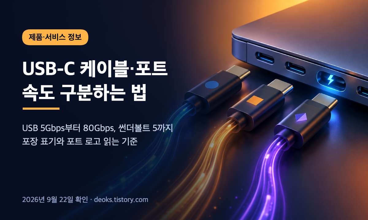 USB-C 케이블과 포트의 전송 속도 표기를 USB 5Gbps부터 80Gbps, 썬더볼트 5까지 구분하는 방법 안내 이미지