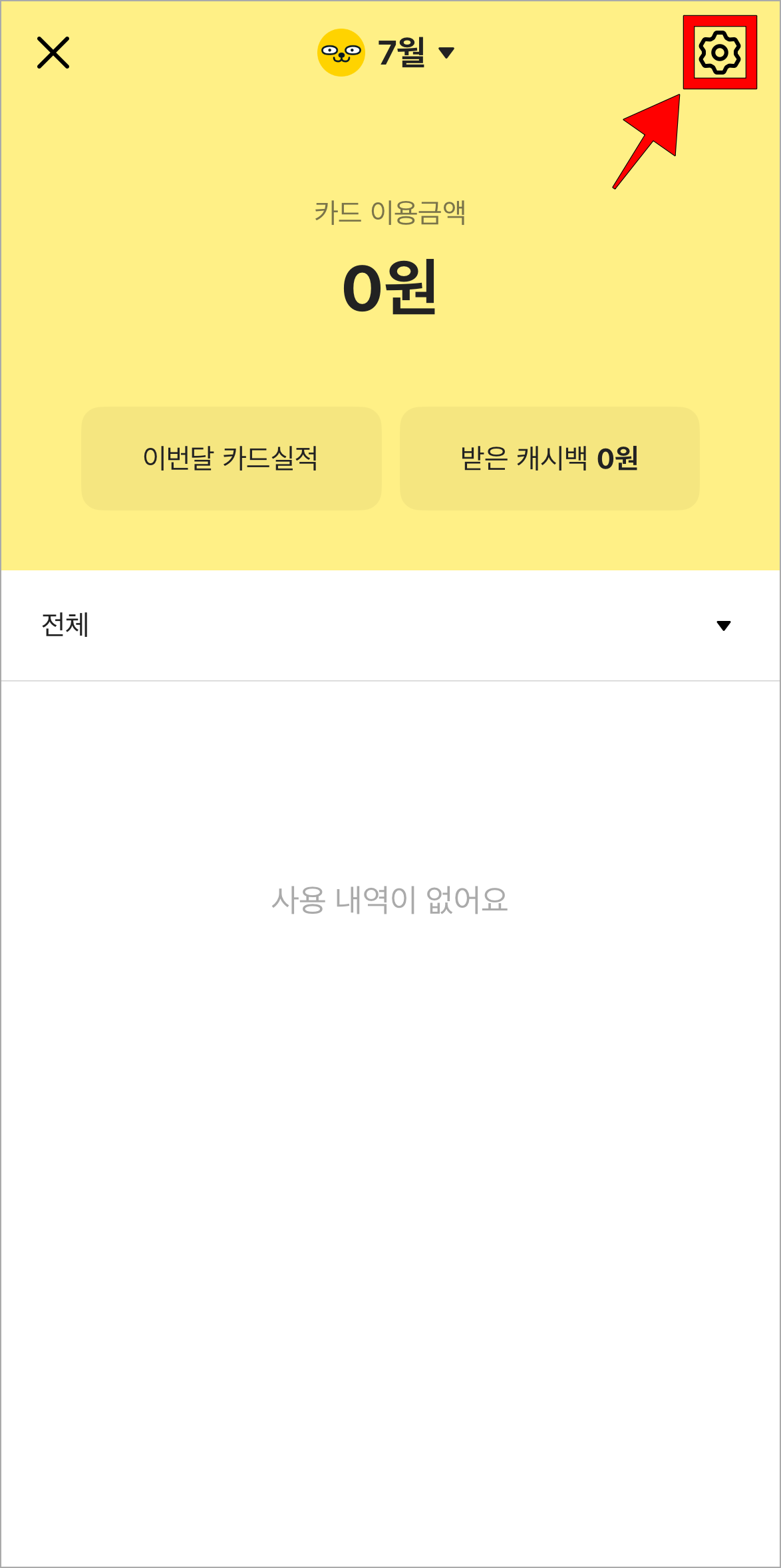 카드 이용내역 화면의 톱니바퀴 버튼을 선택