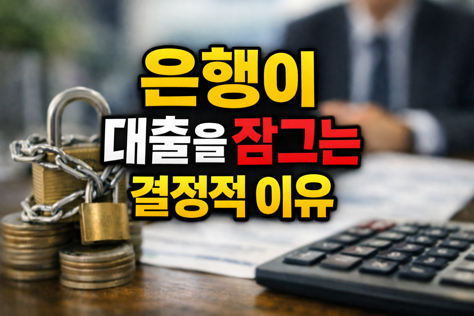 자물쇠와 동전, 계산기 배경 위에 ‘은행이 대출을 잠그는 결정적 이유’ 문구가 있는 금융 썸네일 이미지