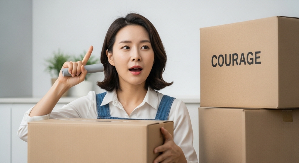 폐업 후 이삿짐을 정리하는 한국인 여성&amp;#44; 씩씩한 표정