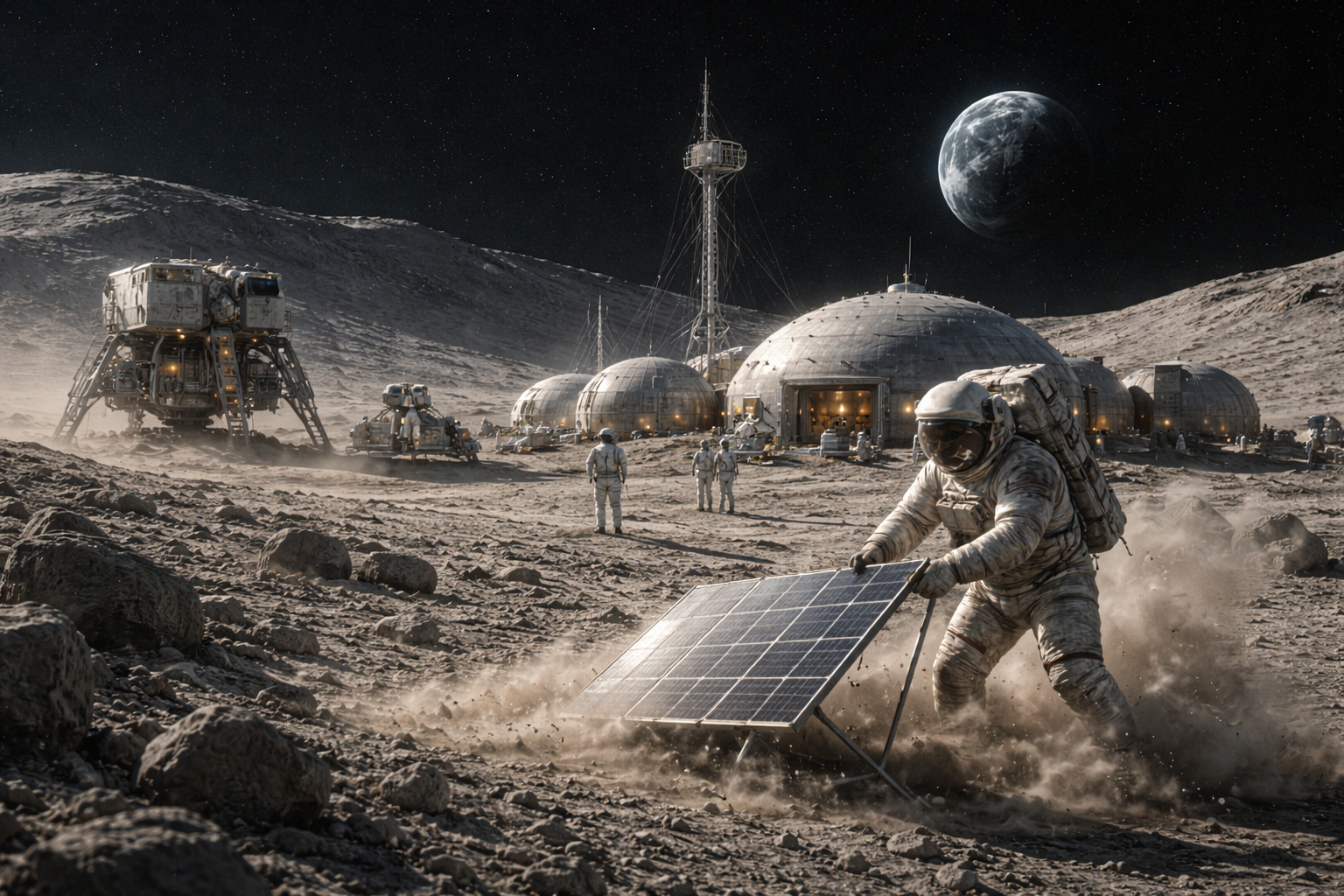 [AI 생성] 달 표면의 먼지와 달 기지 건설 장면