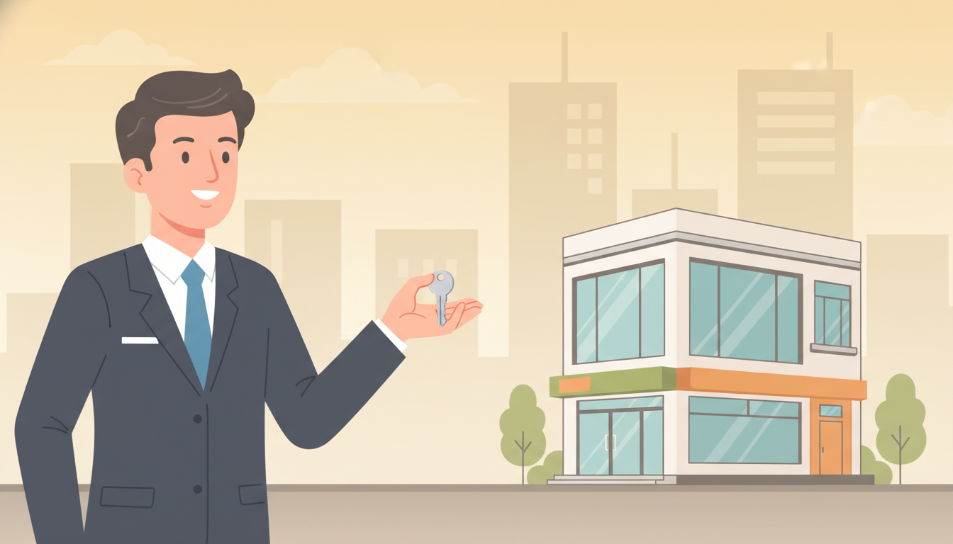 평범한 직장인이 현대적인 소형 빌딩 앞에서 열쇠를 들고 있는 모습, 소액으로 건물주가 되는 꿈을 상징.