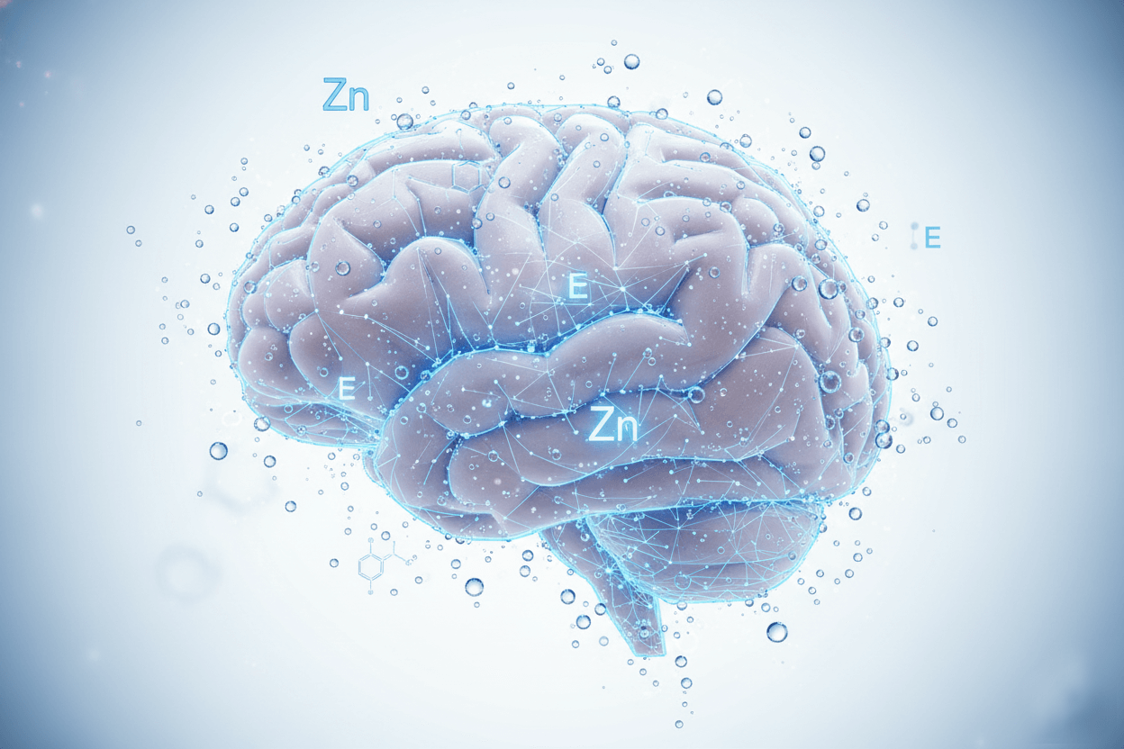 푸른 배경 위에 물방울과 연결선으로 둘러싸인 3D 뇌 모형과 Zn, E 글자가 보이는 이미지로, 포스파티딜세린과 아연·비타민E를 통한 인지 기능 및 두뇌 건강, 수분 보습 컨셉을 표현한 그림