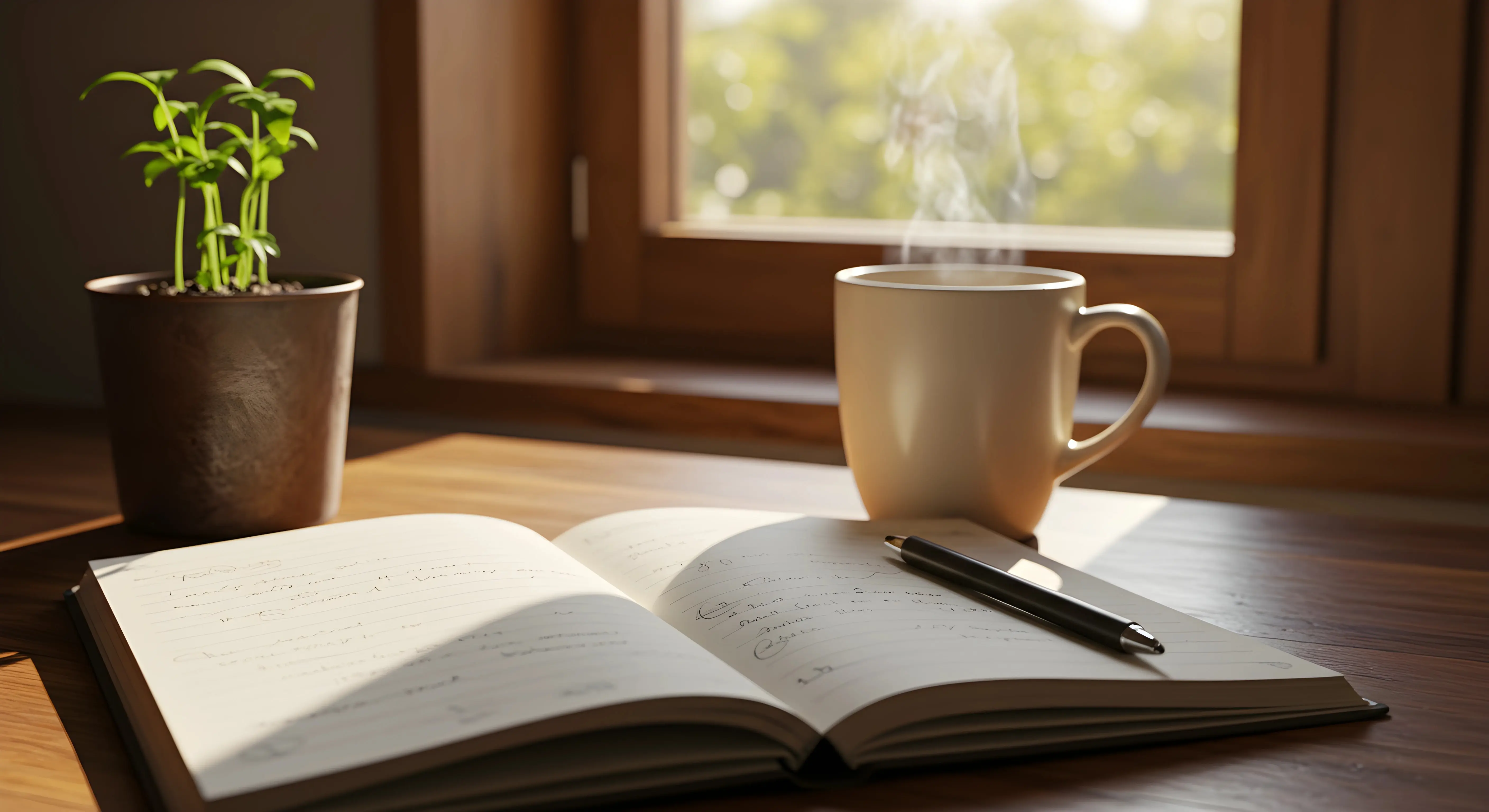따스한 햇빛이 비치는 창가 테이블 위에 놓인 개인 일기장, 김이 나는 차 한 잔, 그리고 작은 화분에 자라는 초록 새싹을 보여주는 고요하고 평온한 분위기의 사진입니다.