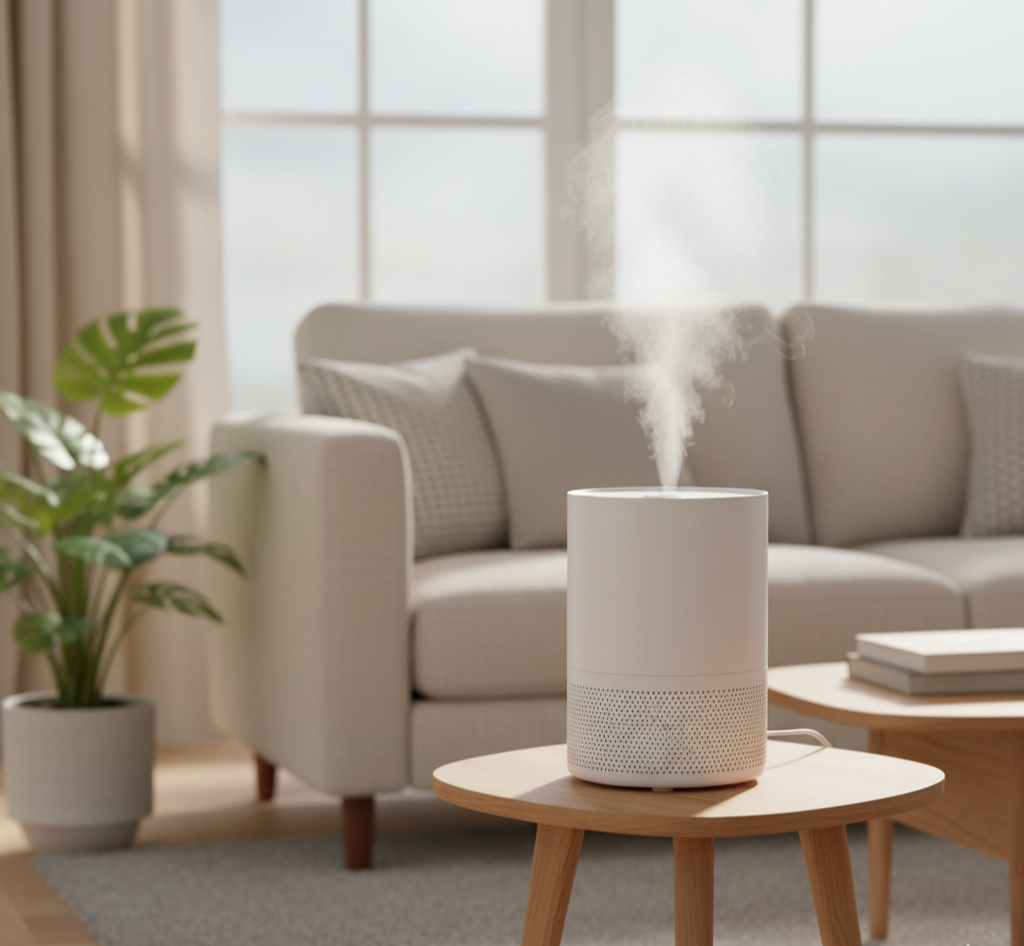 햇살이 비치는 거실에서 작동 중인 미니 가습기, 따뜻하고 깨끗한 공기를 만들어내는 모습