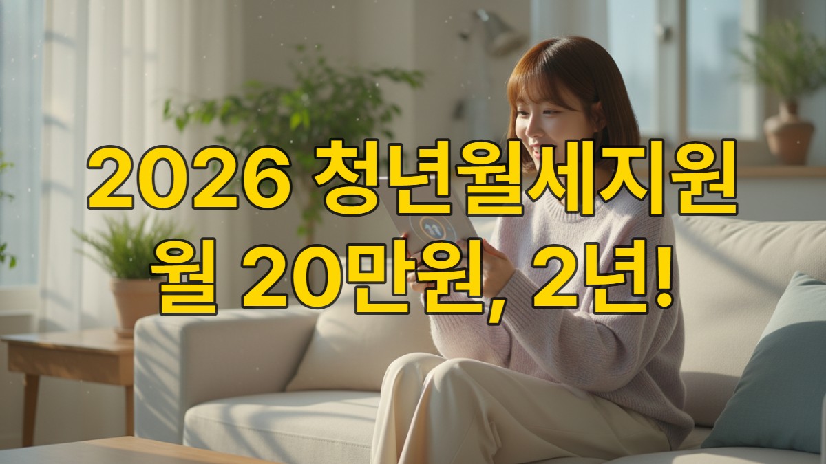 환한 얼굴로 태블릿을 보는 현대 한국 청년 여성, 월세 지원 소식에 안도하는 표정
