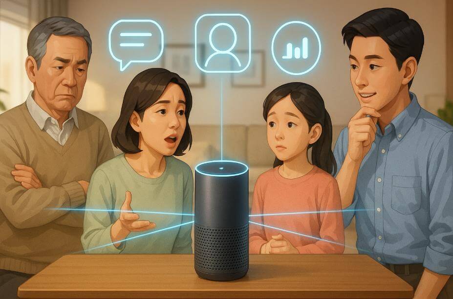 가족 성향을 스캔하는 AI 스피커와 분석 아이콘 장면