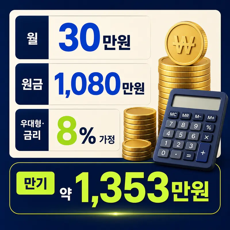 연 8%와 우대형을 가정한 청년미래적금 월 10만원 예상 만기금액