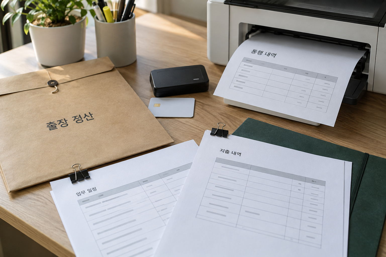 출장 정산 봉투와 통행 내역 출력물, 하이패스 단말기가 놓인 생성 장면