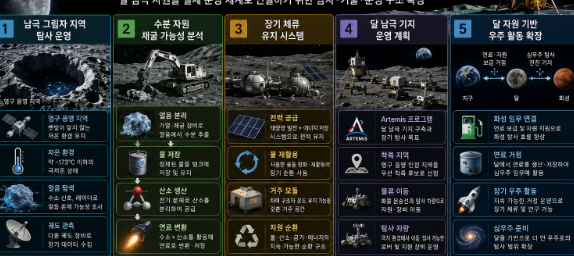달 남극 그림자 지역의 얼음 탐사와 장기 체류 기지 운영, 자원 채굴 시스템을 단계별로 정리