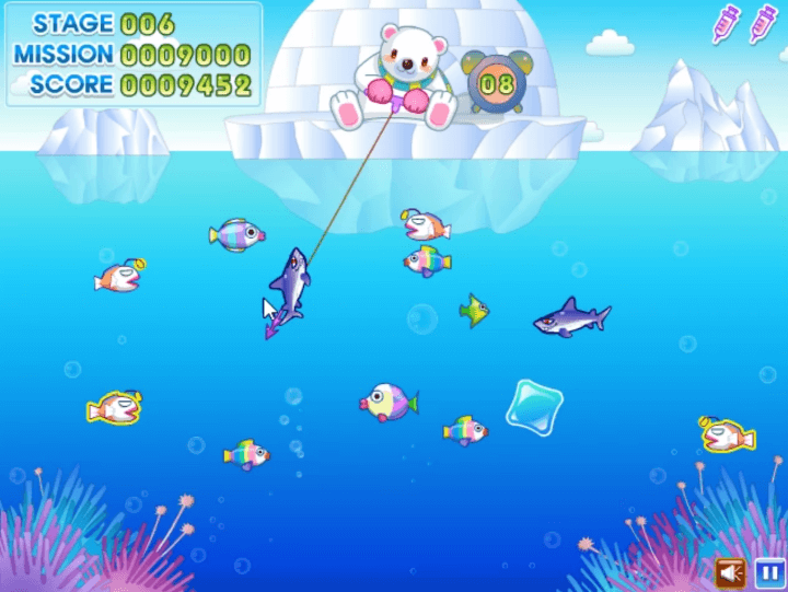 작살을-던져서-상어를-잡아-올리는-화면