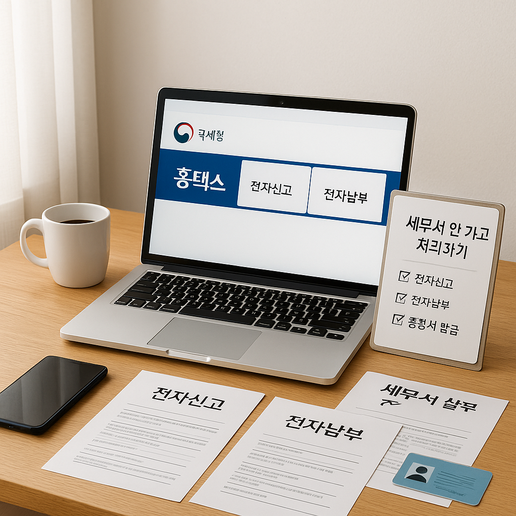 세무서를 방문하지 않고 홈택스로 세금업무를 처리하는 납세자의 책상 – 전자신고·납부 체크리스트와 증명서 서류가 놓여 있음