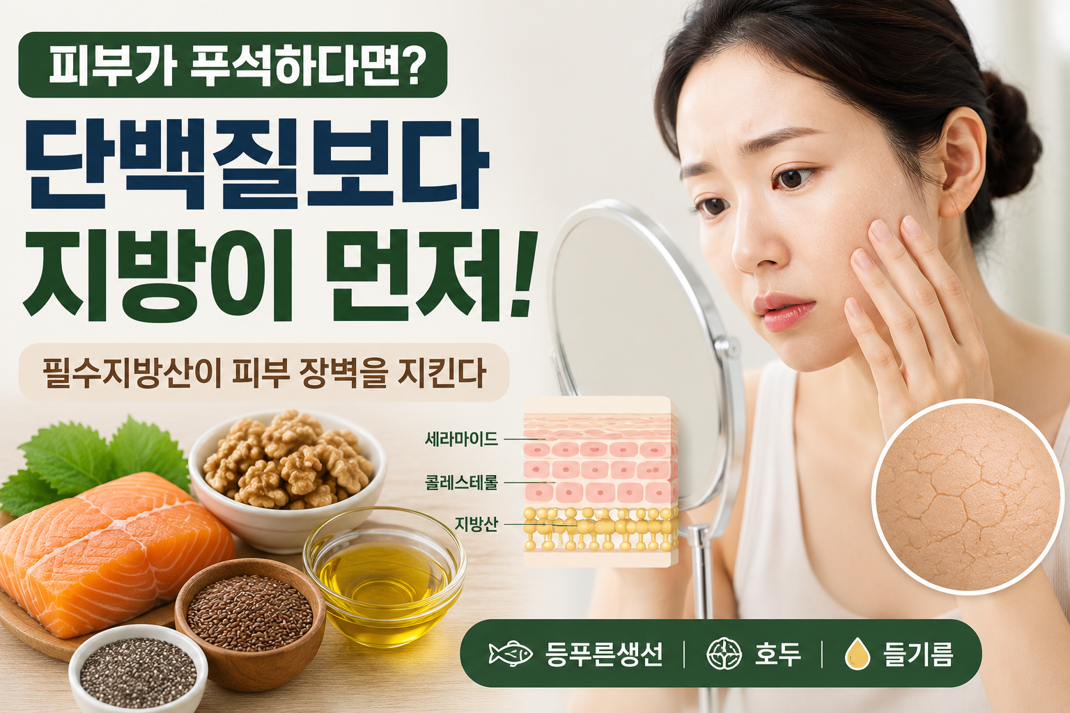 푸석한 피부 (필수지방산, 피부 장벽, 오메가-3)