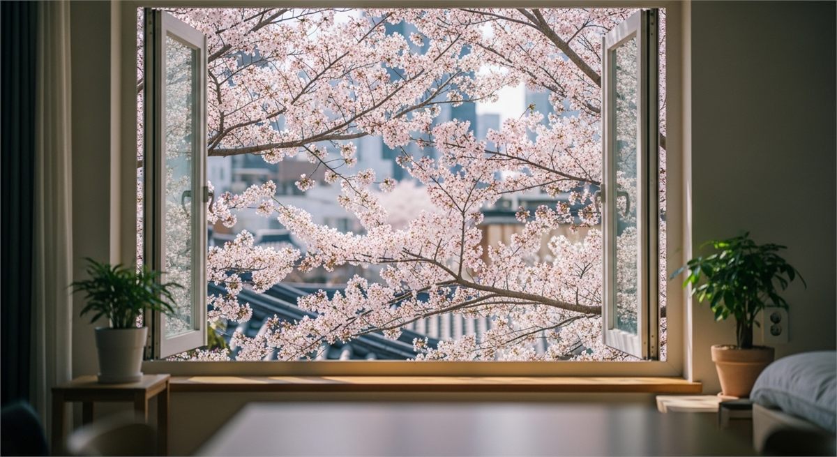 창가 너머로 보이는 벚꽃 풍경이 담긴 감성 사진