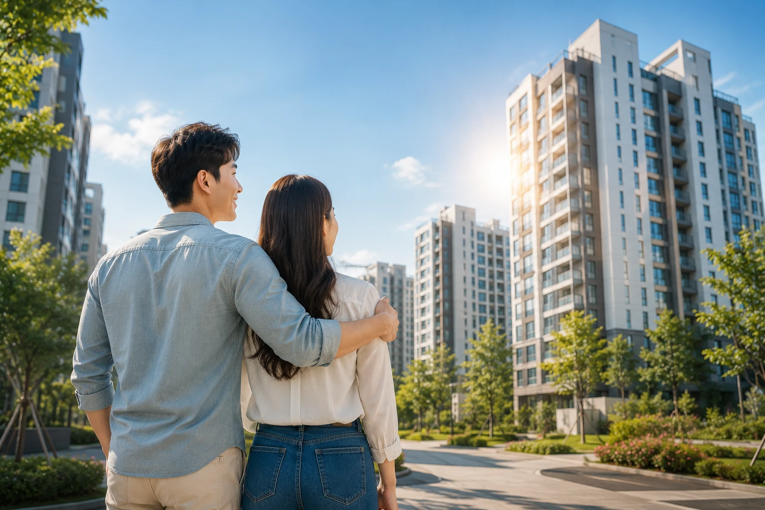 신축 아파트 단지를 바라보며 내 집 마련의 미래를 설계하는 청년 커플 모습 