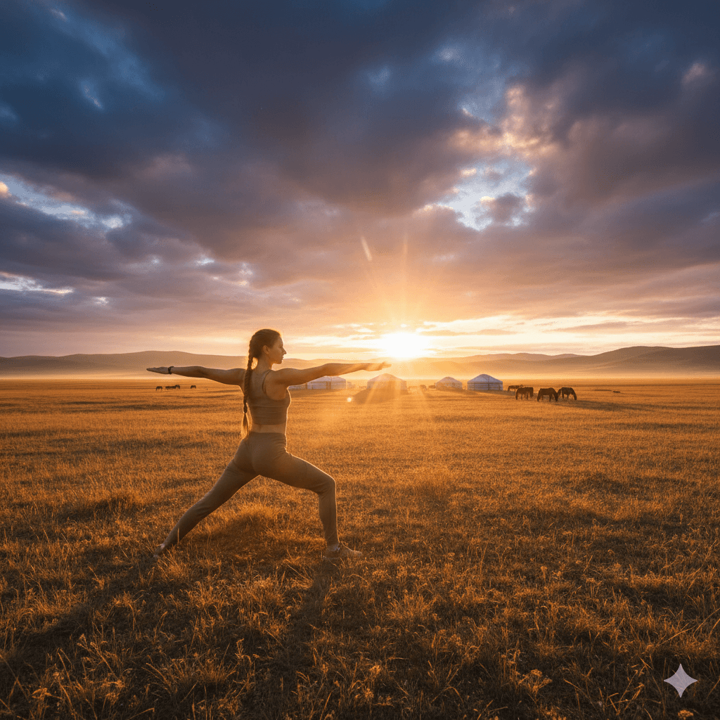 맑은 공기와 푸른 초원 위에서 평화롭게 요가 자세를 취하며 명상하는 사람. 몽골여행의 건강한 치유와 웰빙을 표현한다.