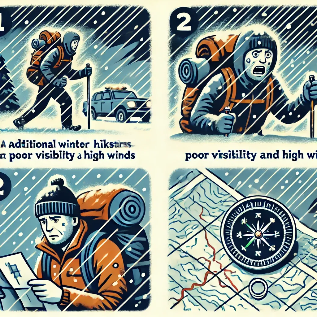 겨울 산행 중 눈보라와 길을 잃은 상황