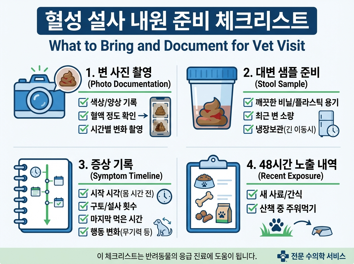급성 출혈성 설사(AHDS) 의심 신호(혈성 물설사, 구토, 무기력, 소형견, 급격한 악화)