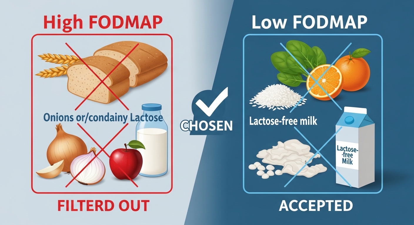 고포드맵 식품(밀, 양파, 사과)은 피하고 저포드맵 식품(쌀, 시금치, 오렌지)을 선택하는 식단 그림, FODMAP 다이어트의 핵심을 보여줌