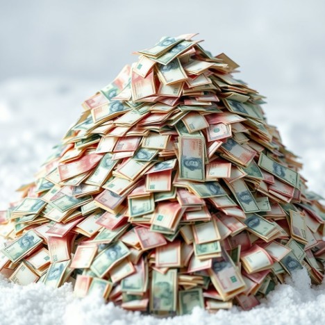 지폐가 눈덩이처럼 쌓여 있는 사진