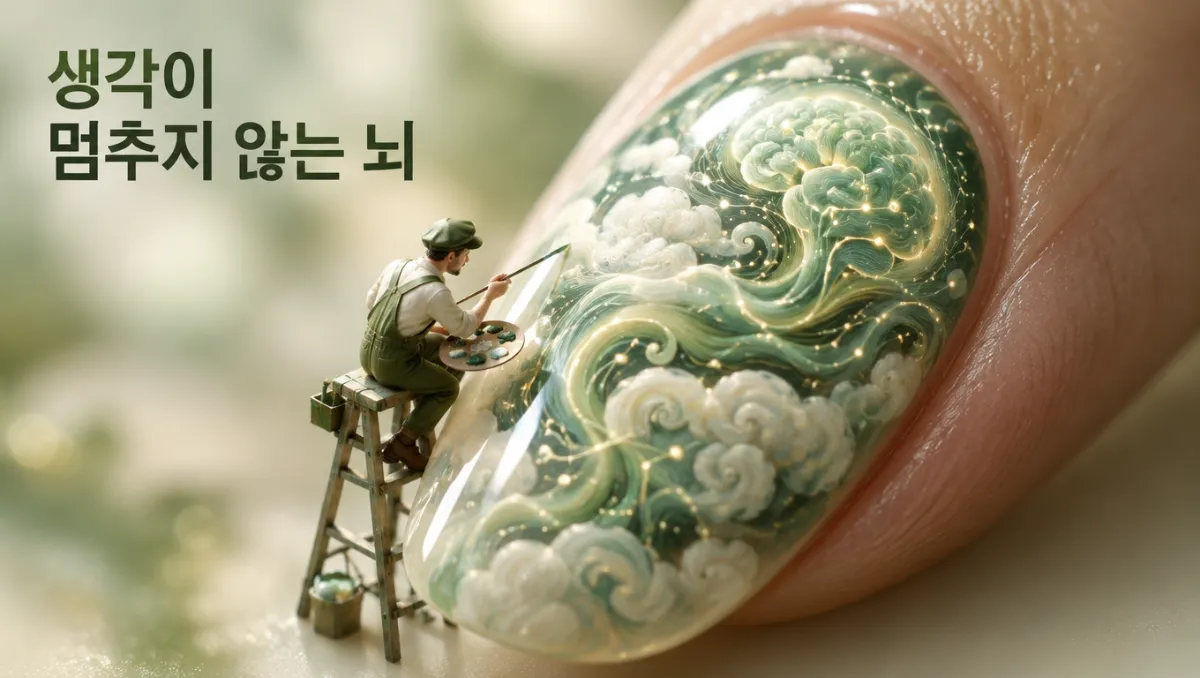 일상 속에서도 멈추지 않고 끊임없이 생각을 이어가는 인간 뇌의 활동을 손톱 위 미니어처 아티스트로 표현한 대표 이미지