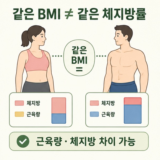 같은 BMI라도 여성과 남성의 체지방률과 근육량이 다를 수 있음을 설명한 이미지