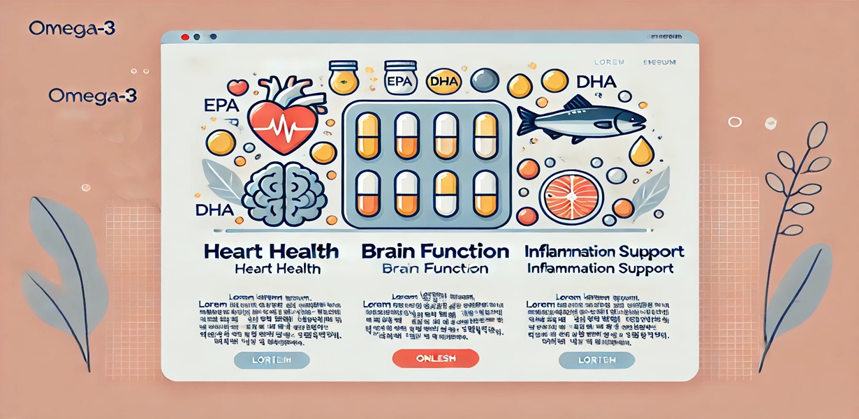오메가3 효능과 기능을 설명한 인포그래픽 – 심장 건강, 뇌 기능, 염증 완화에 도움을 주는 EPA/DHA 정보 포함