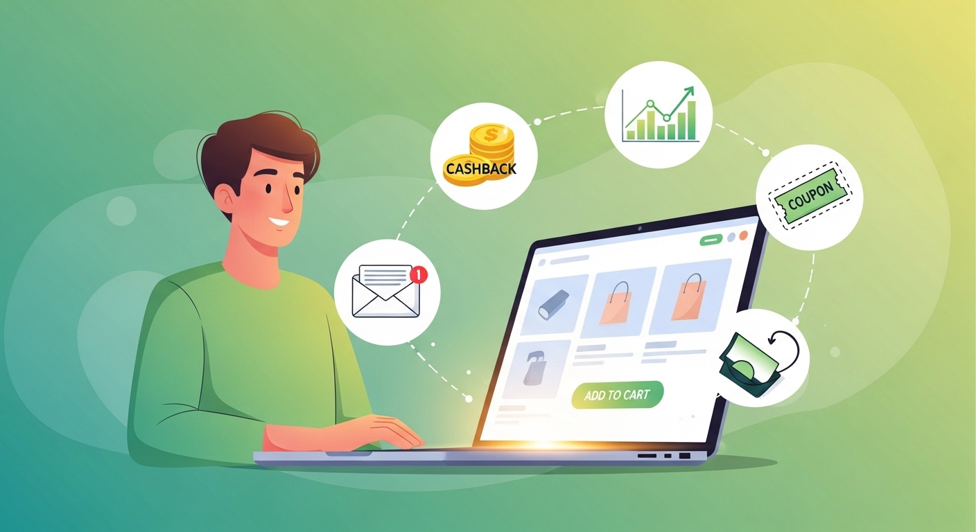 캐시백, 가격 추적 앱, 이메일 구독 등 다양한 디지털 도구를 활용하여 현명하게 해외 온라인 쇼핑을 즐기는 사람의 모습.