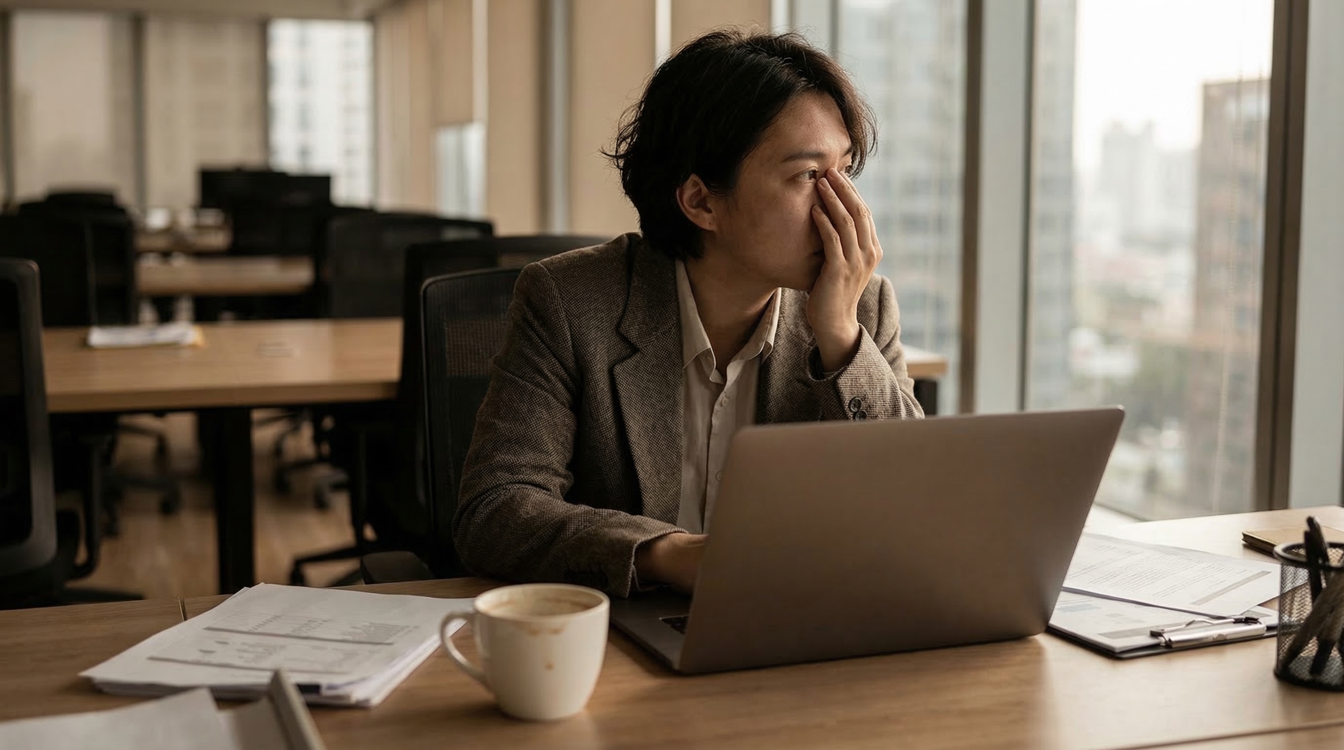 번아웃 증후군으로 지친 직장인이 퇴사를 고민하는 모습