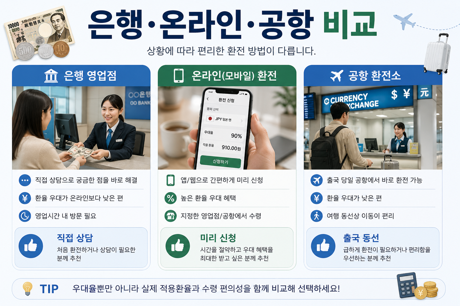 은행 영업점 온라인 환전 공항 환전을 비교하는 일본 엔화 환전 이미지