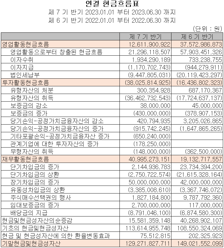 이녹스첨단소재 - 현금흐름표