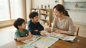 유치원생과 초등 저학년 아이를 위한 체험학습 장소를 계획하는 가족