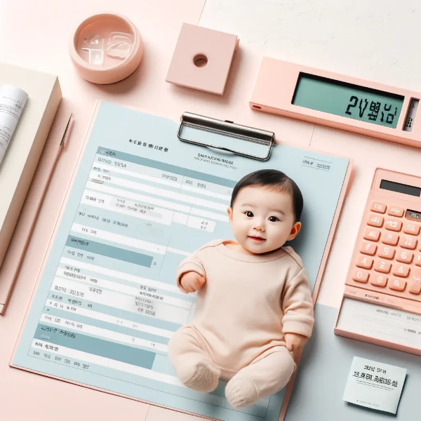 하얀 배경 위에 정리된 아동수당 신청서, 아기 사진, 계산기, '30만원 월 지급' 문서의 전문 스튜디오 촬영 사진