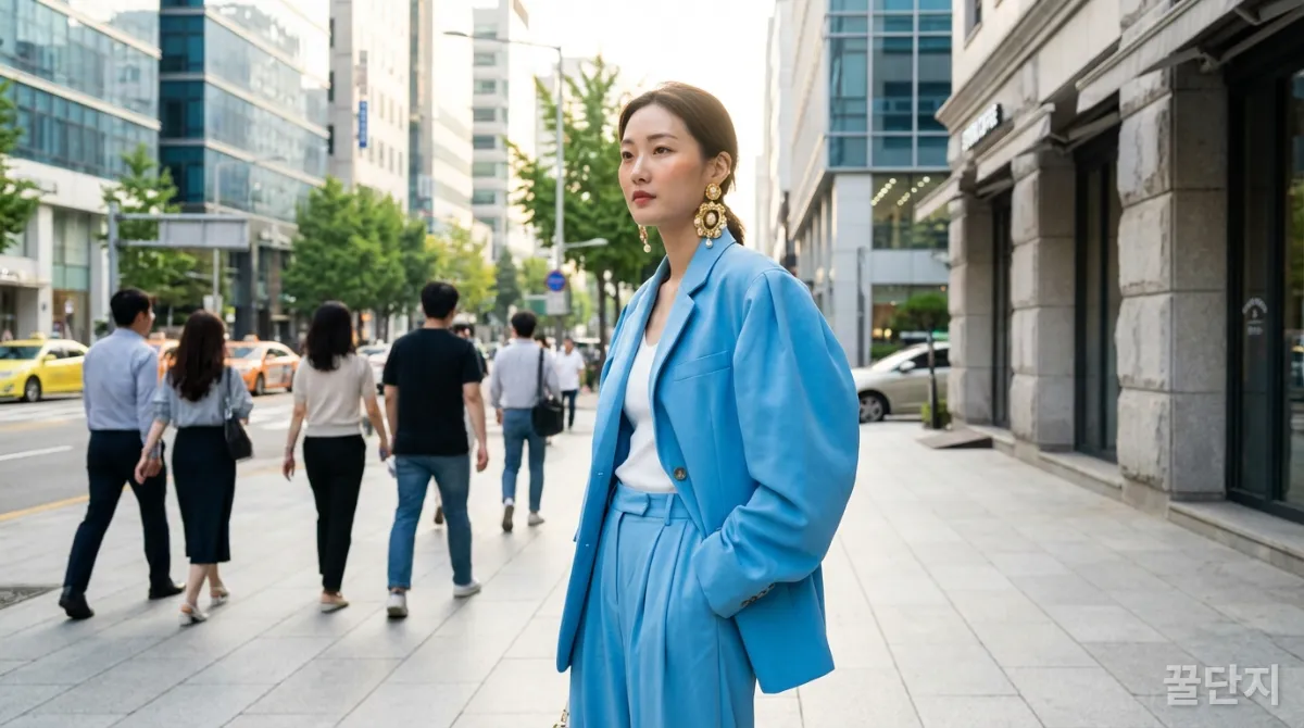 2026 봄/여름 트렌드인 비비드 컬러와 볼륨 실루엣을 착용한 한국 모델