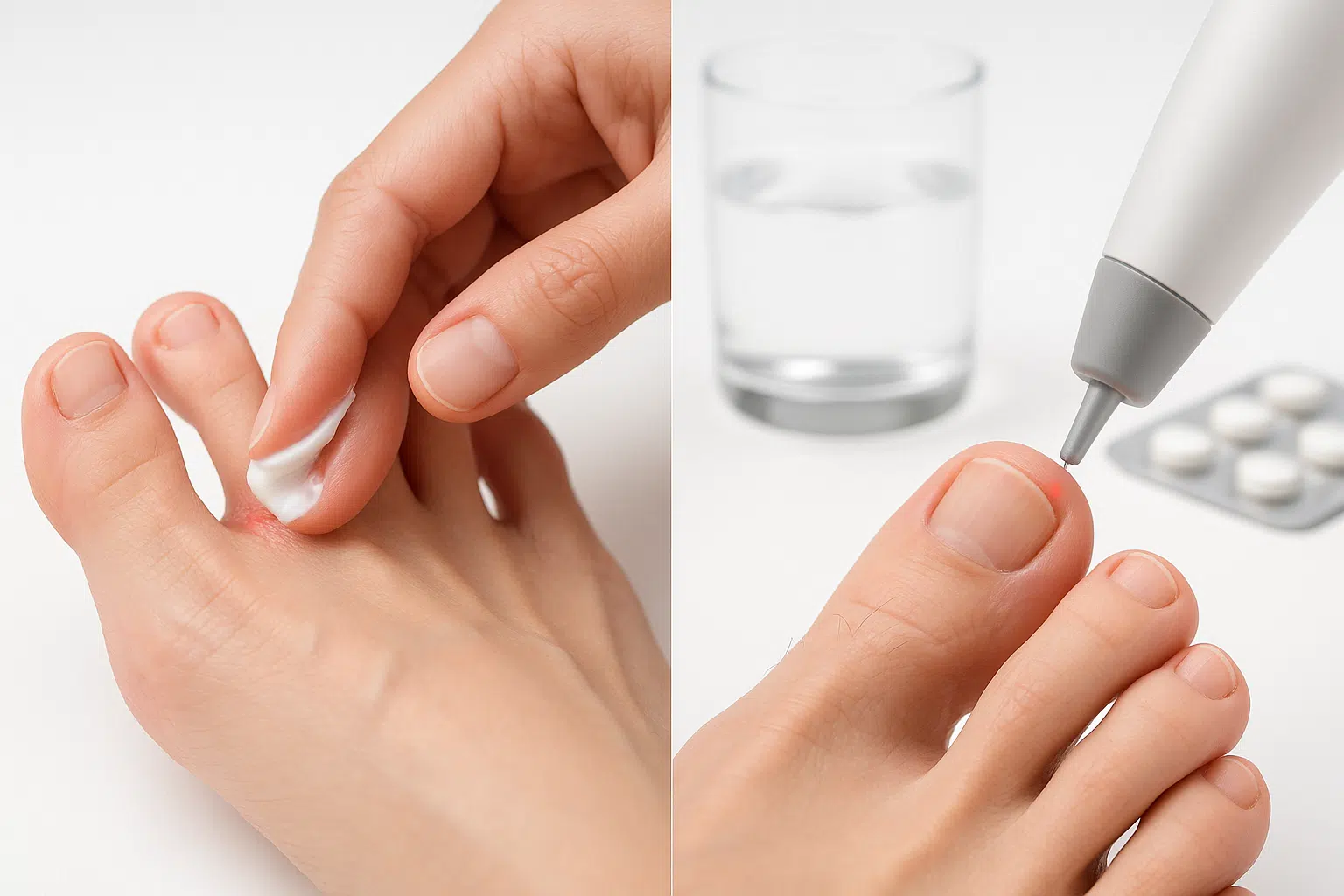 발가락 무좀 치료를 위해 연고&middot;크림을 발가락 사이에 바르는 장면, 발톱 무좀 치료를 위해 경구약과 물컵, 레이저 치료기기로 발톱에 시술하는 장면