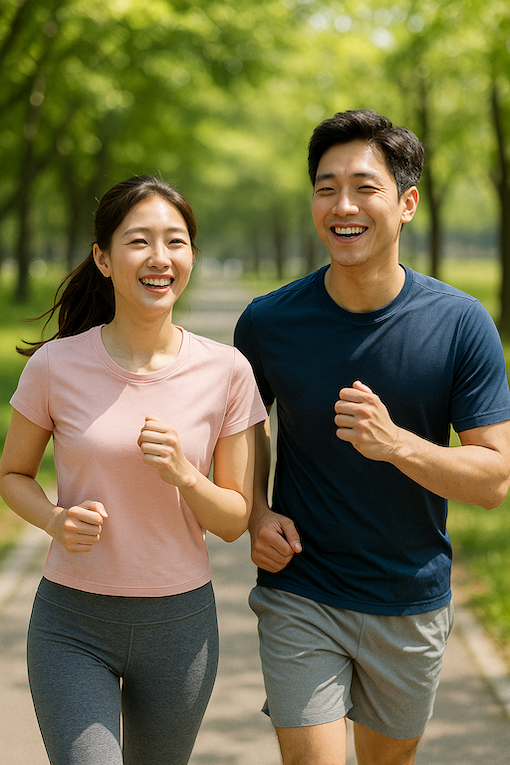 부정맥 예방을 위해 공원에서 가볍게 조깅하는 한국인 남녀