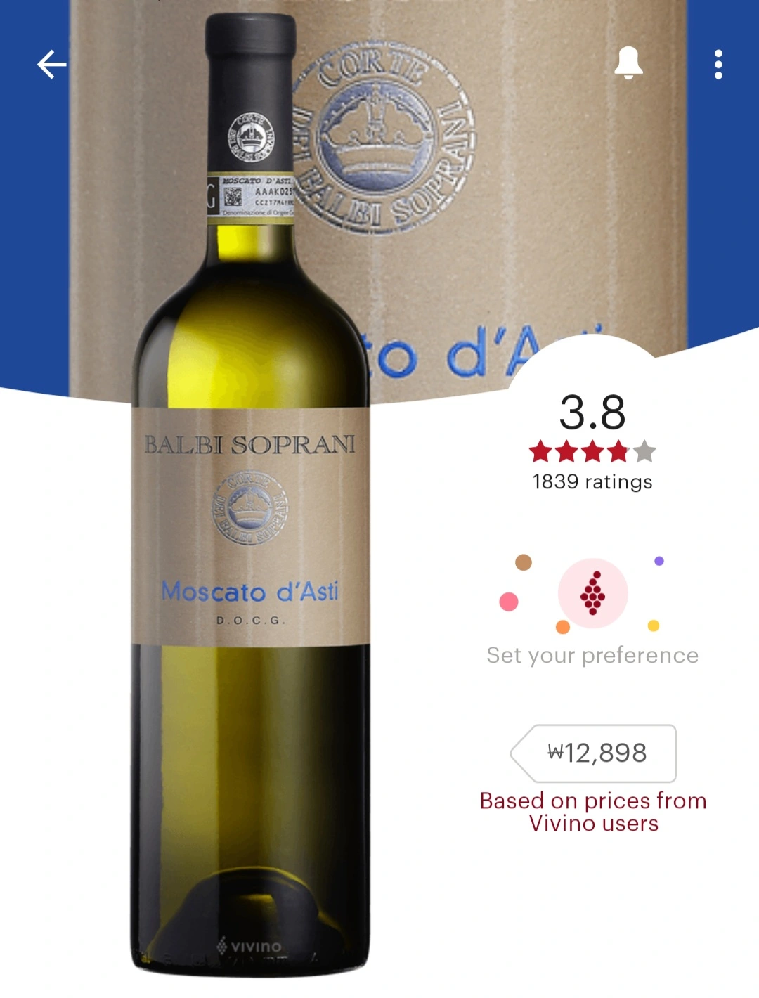 발비 소프라니 모스카토 다스티(Balbi Soprani Moscato d&#39;Asti) 비비노 평점