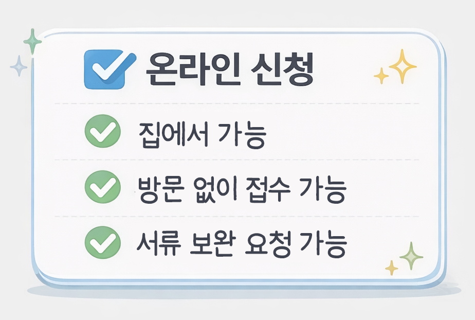 기초연금 온라인 신청 장점과 서류 보완 요청 가능 여부를 설명하는 체크 이미지