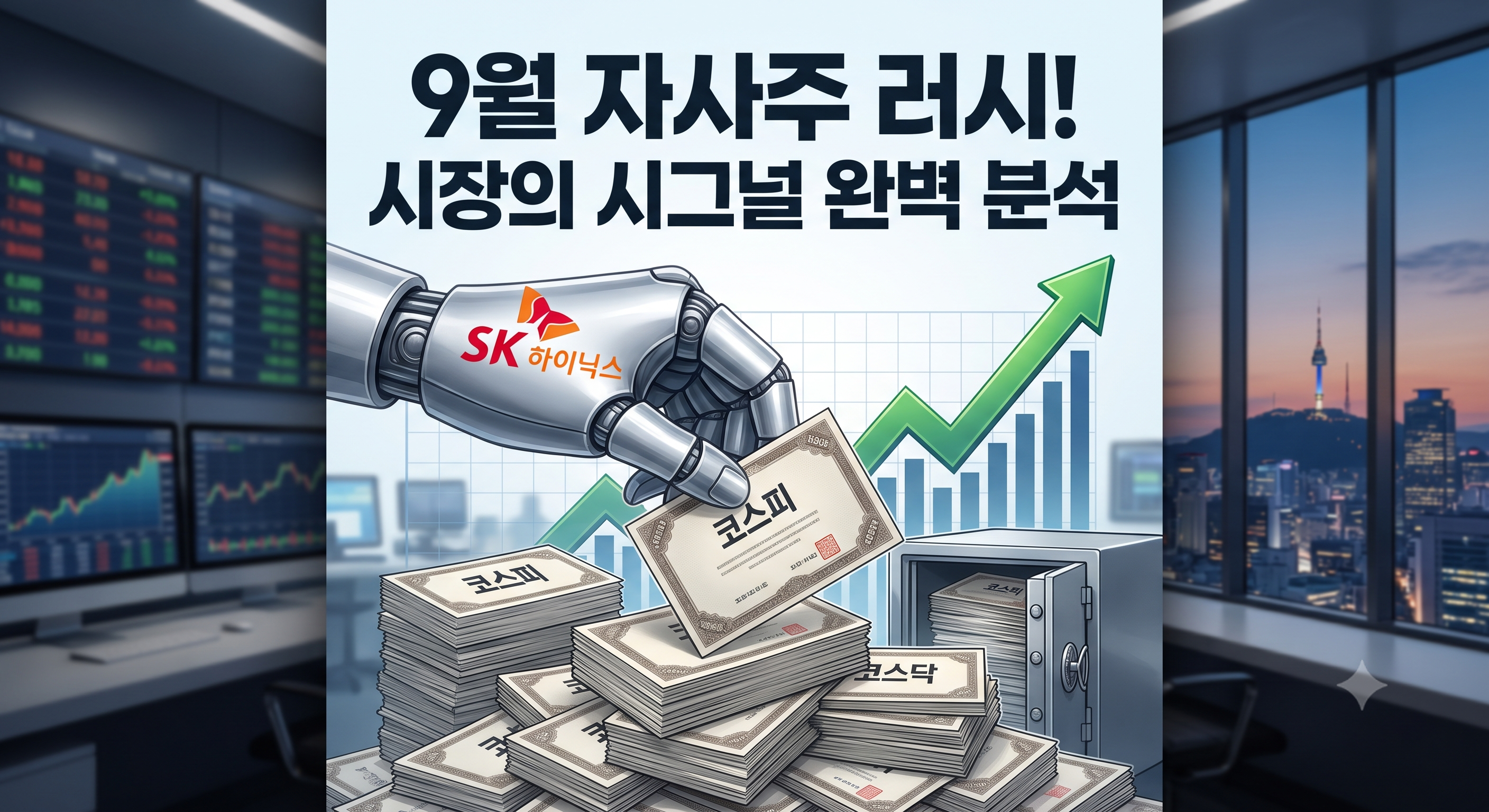 2026년 9월 한국 주식 시장의 기업 자사주 취득 급증 현상을 분석하여 기회와 위험을 경고하는 블로그 썸네일 이미지.