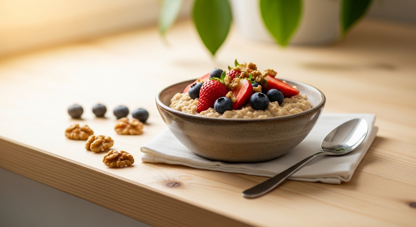 신선한 베리와 호두가 토핑된 따뜻한 오트밀 한 그릇. 식이섬유가 풍부한 건강한 아침 식사.