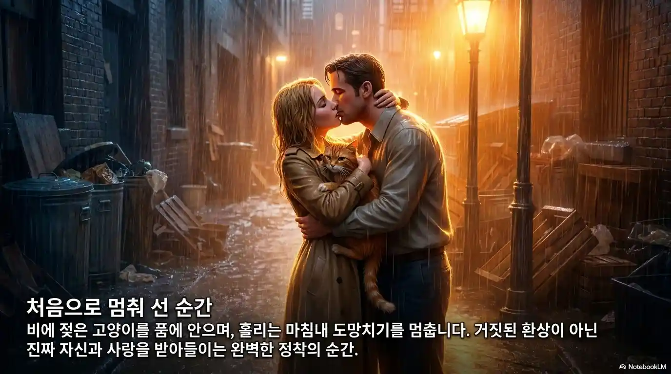 빗속에서 고양이를 안고 있는 홀리와 입맞춤하는 폴