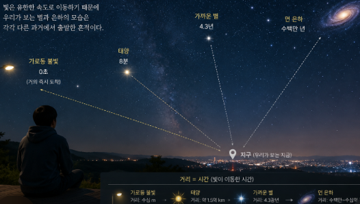 밤하늘 아래 서로 다른 시대의 별빛이 한 장면 안에 떠있고 빛의 이동 시간을 조용히 떠올려보는 사람